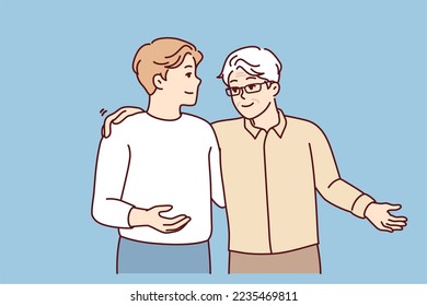 Two guys of friends slap each other on back and shoulders during joint walk or long-awaited meeting. Gray-haired elderly man is talking to young son giving wise advice. Flat vector illustration