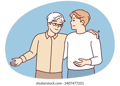 Two guys of friends slap each other on back and shoulders during joint walk or long-awaited meeting. Gray-haired elderly man is talking to young son giving wise advice. Flat vector illustration