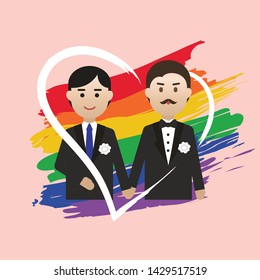 Two guys getting married and rainbow flag.