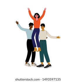 Two Guys and Girl Having Fun Together, Two Young Men Holding Young Woman on Their Shoulders, Friends Spending Time Together Vector Illustration