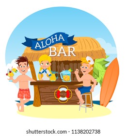 Two guys and a girl in a summer bar. Holidays.