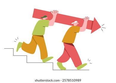 Two guys are going down stairs and carrying red arrow. Concept of falling prices on financial market, fixing loss in business. Vector illustration. Decrease in financial performance.