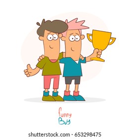Two guys with a gold cup in their hands. Vector illustration on a theme of business