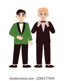 Two guys are graduates. A couple at a graduation party in beautiful elegant clothes.