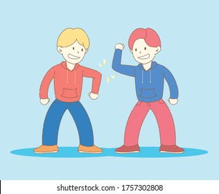 Two guys are greeting each other with their arms, keeping social distancing after circuit breaker, to avoid having coronavirus/viruses. Elbow touch.
