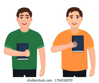 Dos tipos sostienen libros ilustraciones vectoriales en un fondo blanco