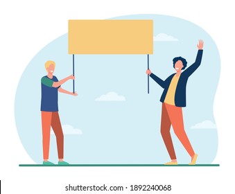 Two guys holding empty banner and smiling. Protest, opinion, picket flat vector illustration. Demonstration and social action concept for banner, website design or landing web page