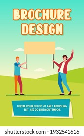 Two guys holding empty banner and smiling. Protest, opinion, picket flat vector illustration. Demonstration and social action concept for banner, website design or landing web page