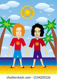 Two guys holding hands on the shore of the tropical sea. Smiles, palms, sun, clouds. Symbolic vector drawing.