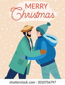 Two guys hug, friends, brothers or a gay couple congratulate each other on the holidays. Christmas and Happy New Year illustration. Trendy retro style, design template.
