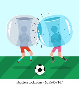 Two guys in inflatable zorb suits play soccer. Bumper ball a football game. Vector cartoon flat illustration.