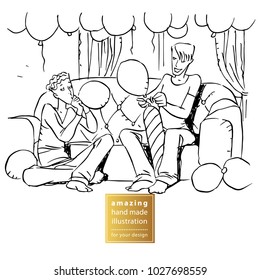 Two guys inflate balloons and praparating a party. Hand drawn black and white vector illustration