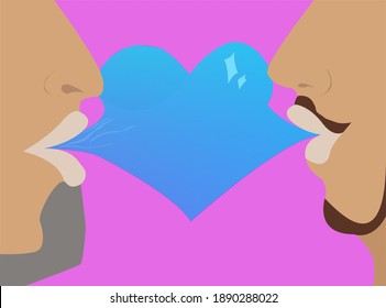 Two guys inflate a heart with gum. Valentine's Day. Homosexuals and Holidays.