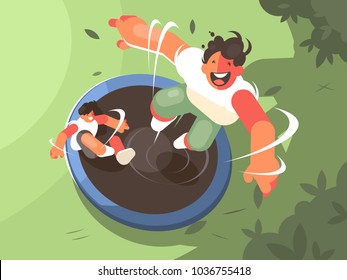 Two guys jumping on trampoline. Fun entertainment and recreation. Vector illustration