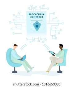Dos tipos con una laptop y una tablet firman un contrato inteligente. Tecnología Blockchain, documentos electrónicos y firmas digitales. Conclusión de transacciones en línea. Ilustración plana vectorial.