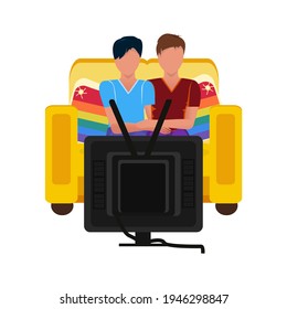 Two guys in love are watching TV together, sitting on the couch. Concept of spending time relaxing while watching a movie.