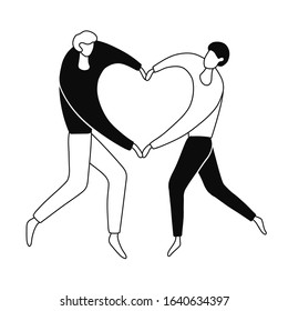 Two guys make a heart with their hands. Black and white illustration