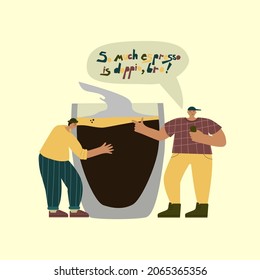 Dos tipos juntos con un gran vaso de espresso. Amigos hablando de café. Ilustración conceptual con letras