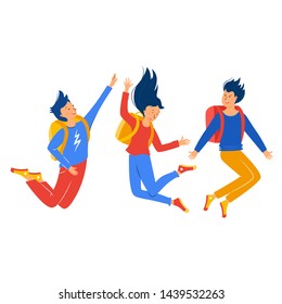 Two guys and one girl jump. Students with backpacks rejoice. The concept of success in school university or college, good luck, good mood, friendship