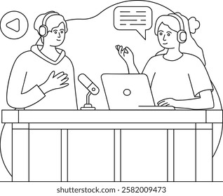 Two Guys One Mic vector design, Podcast slice-of-life journalism scene Web television series symbol audio blog journals illustration, Two podcasters brainstorm and outline upcoming episodes concept