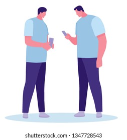 two guys with phones. Coloring vector cartoon illustration.