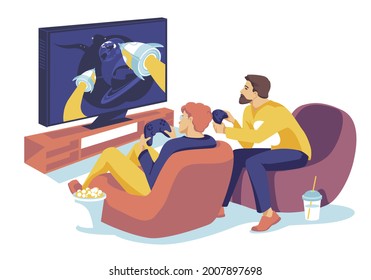 Two guys playing together in a computer game on big monitor. Technology, jostick. Colorfull flat cartoon illustration.
