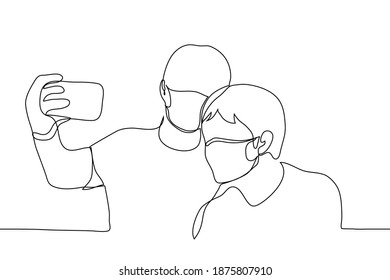 two guys posing in masks for a photo. one line drawing friends make selfie on the phone.