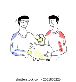 Two guys put money in a piggy bank for future purchases. People save money.