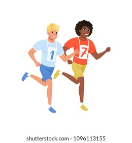 Two guys running marathon. Young men in sportswear with number on chest. Active and healthy lifestyle. Flat vector design