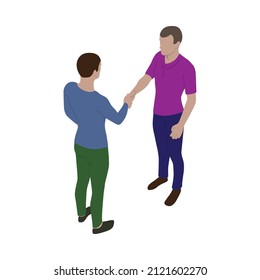 Two guys shake hands. Business partners handshake scene in isometric view.