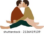 Two guys sit facing each other in full growth and kiss