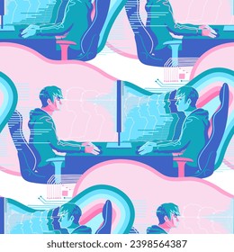 Two guys sitting in front of each other separated by the computer screen
