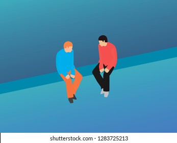 Two guys are sitting opposite each other on a blue background. Flat style. Vector illustration.