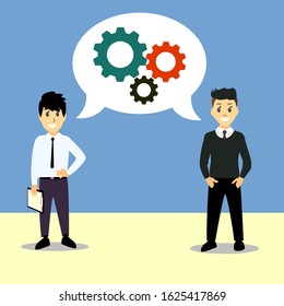 Two guys speak at the conference. Briefing businessmen show presentation. Two young workers tell a business concept from gears of a mechanism.