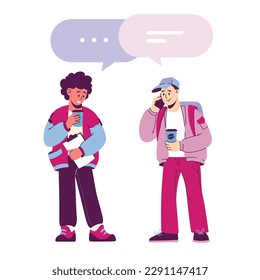 Dos tipos están parados y hablando. Un hombre está bebiendo café y sosteniendo documentos, mientras que el segundo hombre está hablando por teléfono. ilustración vectorial en estilo de diseño plano.