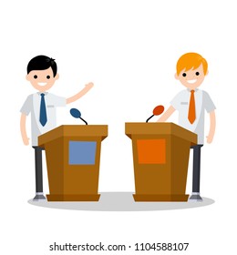 Two guys in the stands discussion. men's political debate. guys in shirt. state elections. Discussion of important cases. red vs blue idea - Cartoon flat illustration