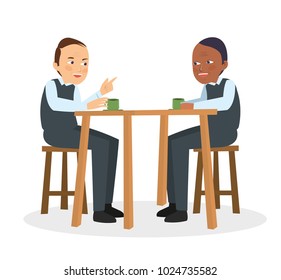 Two guys talk and discuss on cafe