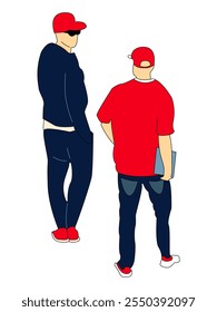 Two Guys Walking and Talking in the City. Friendly Street Talk in flat style illustration.