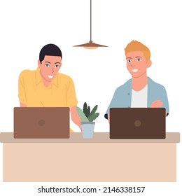 Two guys work in the office on laptops. Vector isolated.