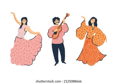 Two gypsies dancing in beautiful dresses. Gypsy plays guitar