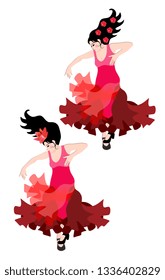Two gypsy girls dressed in dresses with a waving hem synchronously dancing flamenco.