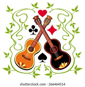 Two gypsy guitars with floral ornament and cards suits
