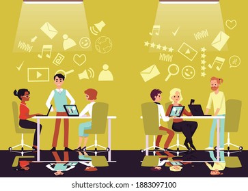 Two hackathon teams - cartoon poster of people in programming competition using laptops at tables to write code. Hacker contest event vector illustration.