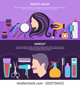 Two hairdresser flat composition with beauty salon and hairdresser headlines and place for text vector illustration
