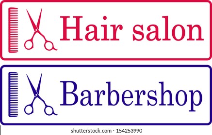 two hairdresser signboard with text and scissor