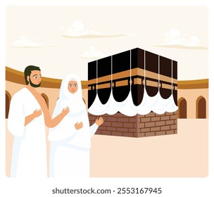 Dos peregrinos del Hajj adoran frente a la Kaaba en La Meca, Arabia Saudita. Llevan ropa de ihram que simboliza la devoción y la espiritualidad. Concepto de peregrinación islámica Hajj. Ilustración vectorial plana.