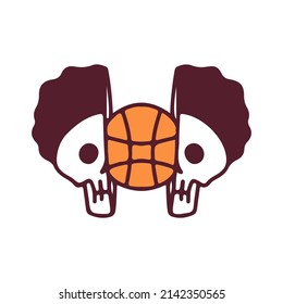 Two half of afro skull head with basketball inside, illustration for t-shirt, street wear, sticker, or apparel merchandise. With doodle, retro, and cartoon style.