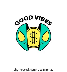 Two half of alien face with dollar coin inside. Illustration for t shirt, poster, logo, sticker, or apparel merchandise.