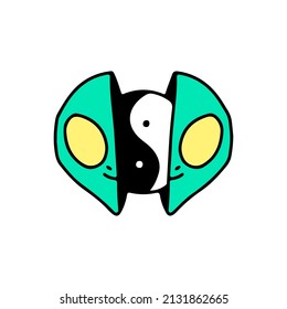 Two half of alien face with yin yang symbol inside. Illustration for t shirt, poster, logo, sticker, or apparel merchandise.
