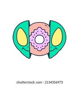 Two half of alien head with donut inside, illustration for t-shirt, street wear, sticker, or apparel merchandise. With doodle, retro, and cartoon style.